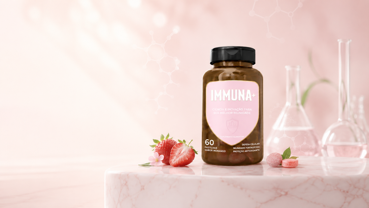 Frasco do Immuna+ multivitamínico com 23 micronutrientes em cenário rosa com morangos