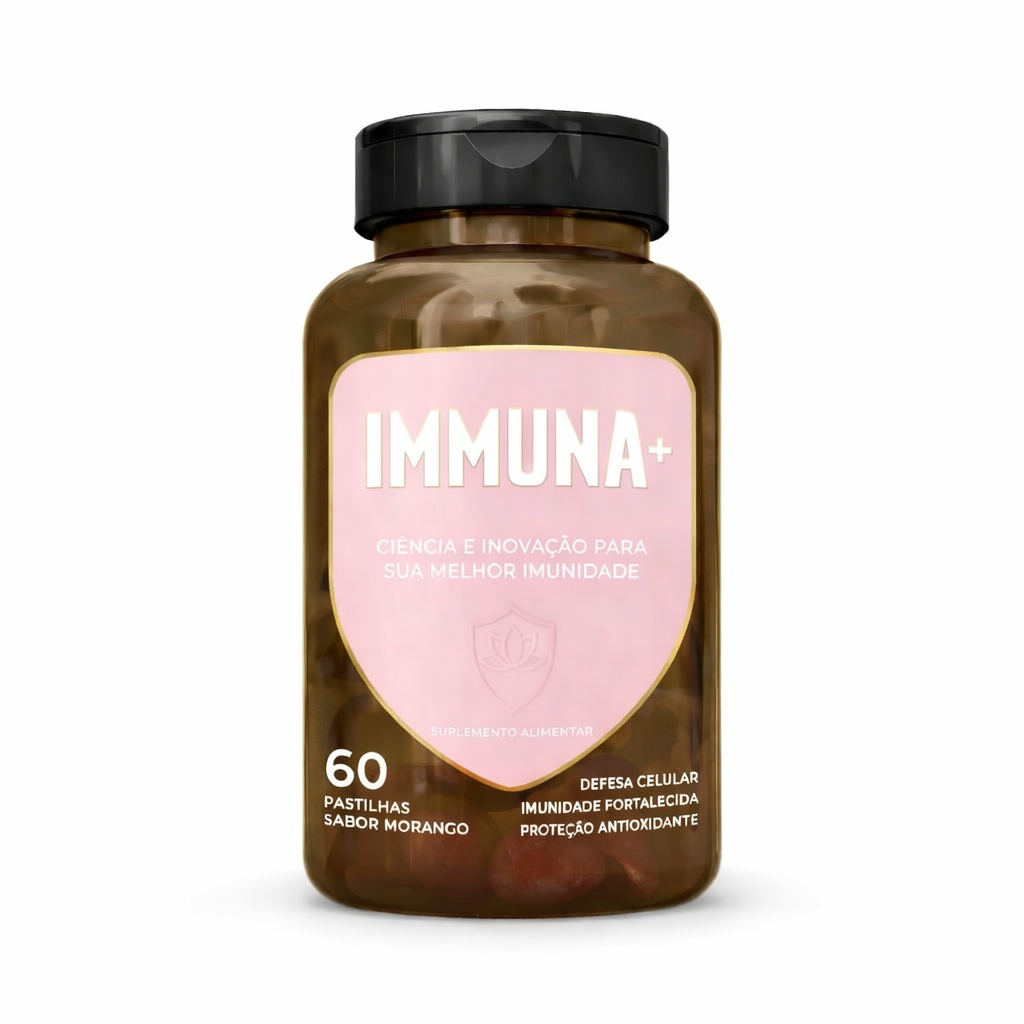 Frasco do multivitamínico Immuna+ com 60 pastilhas sabor morango